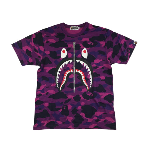 BAPE A Bathing Ape t-shirt mens size M purple camo zipper monster face cotton