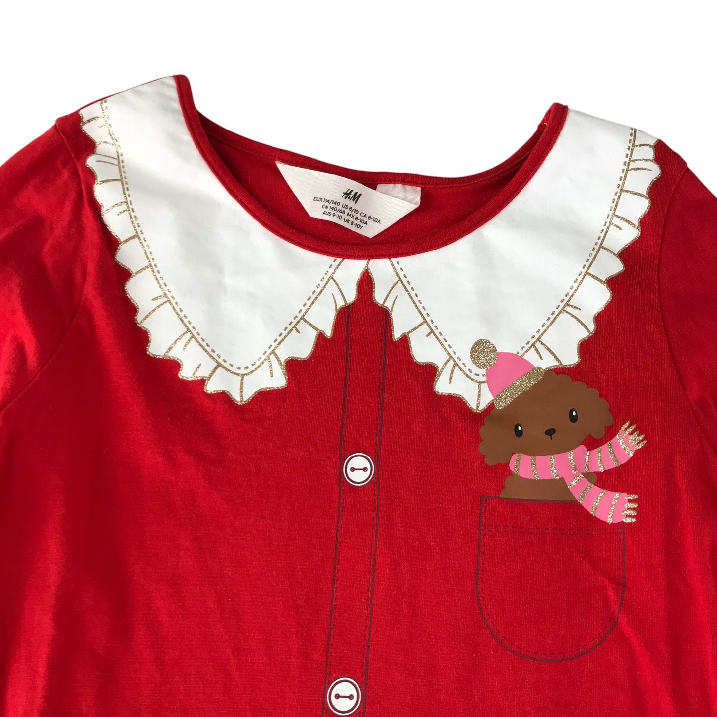 H&M festive dress 8-10 years red A line printed pilgrim collar cotton