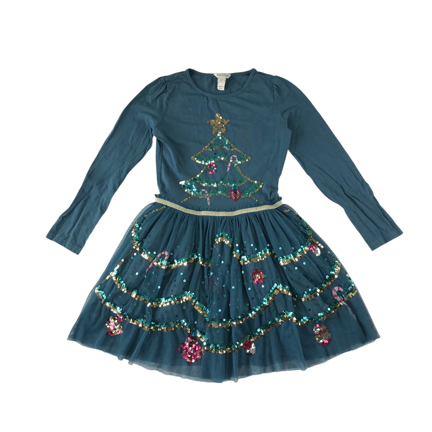Monsoon festive dress 9-10 teal blue sequin Christmas details and mesh skirt