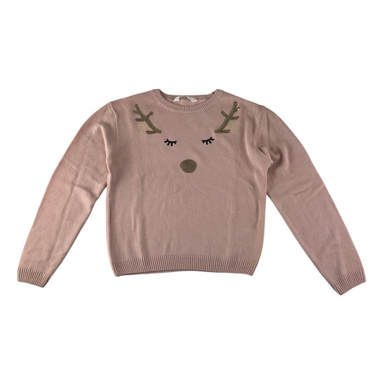 H&M festive jumper 10-12 years light pink sequin reindeer face