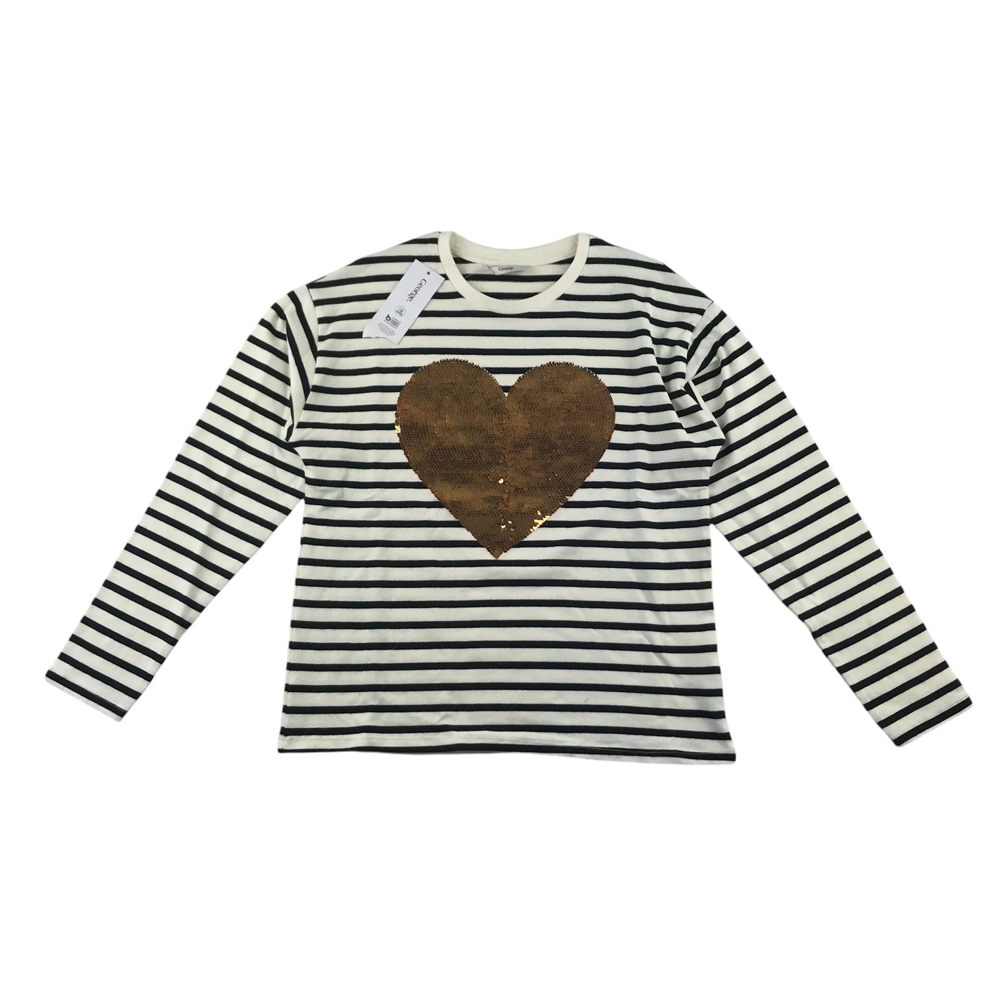 George light jumper 12-13 years white and black stripy flip sequin love heart cotton