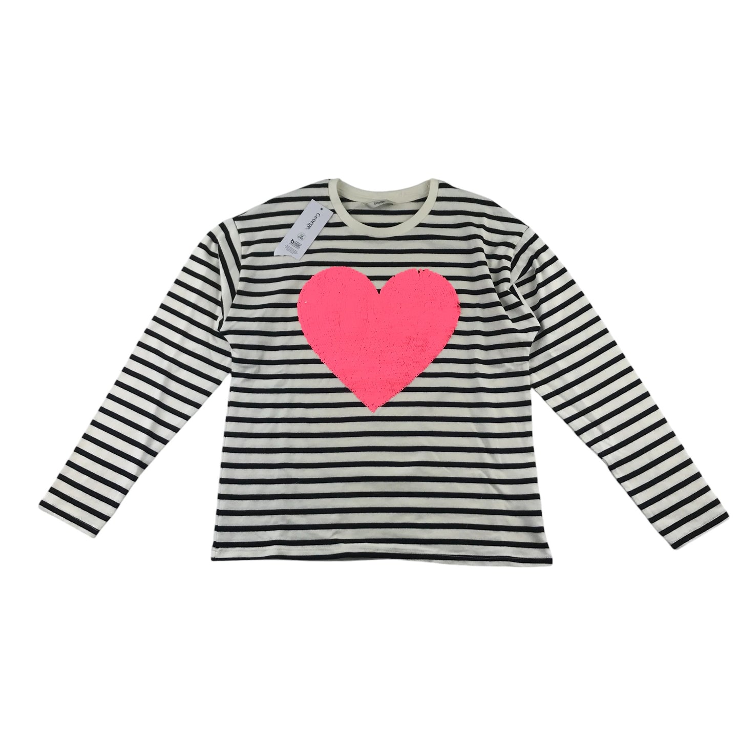 George light jumper 12-13 years white and black stripy flip sequin love heart cotton