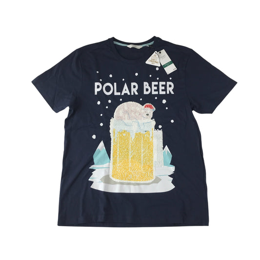 Next festive t-shirt men's size L navy blue flip sequin Polar Beer cotton