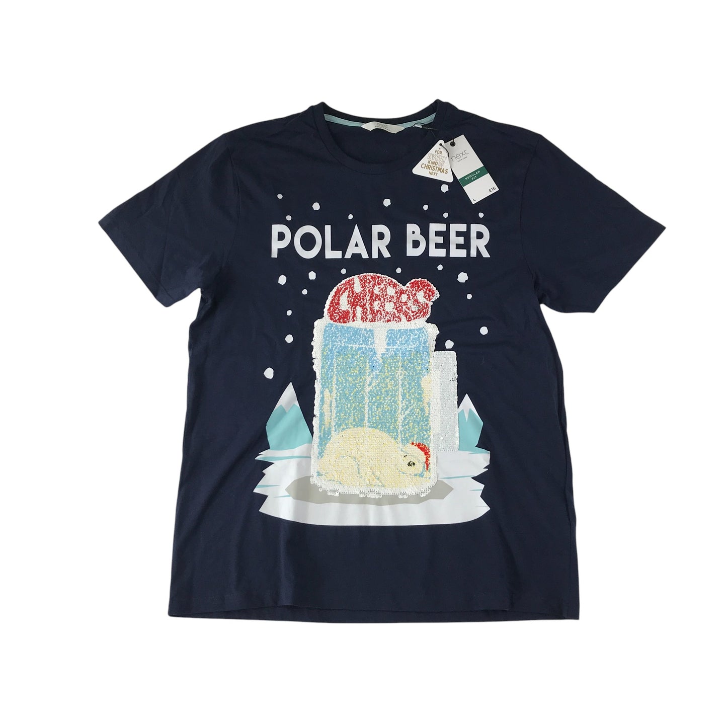 Next festive t-shirt men's size L navy blue flip sequin Polar Beer cotton