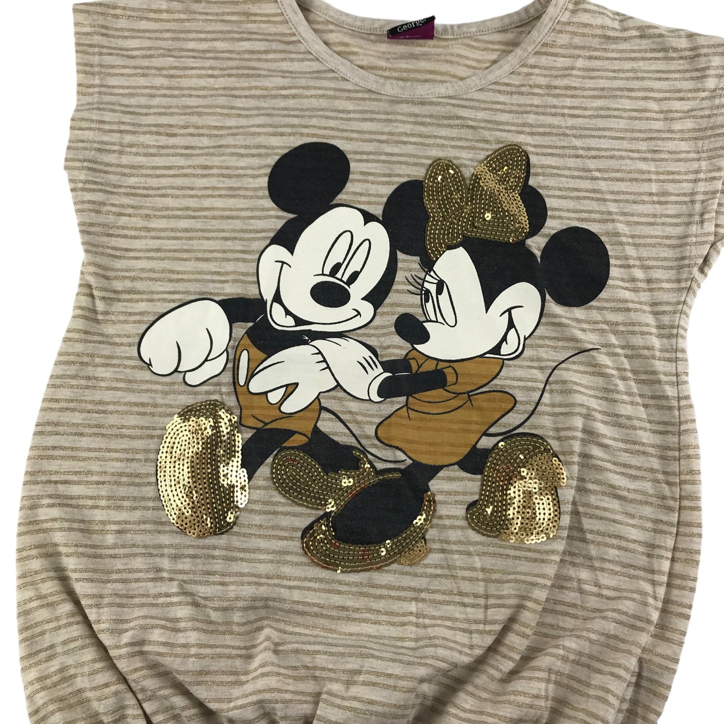 George T-Shirt Age 8 Gold and Beige Short Sleeve Glittery Mickey and Minnie Mouse