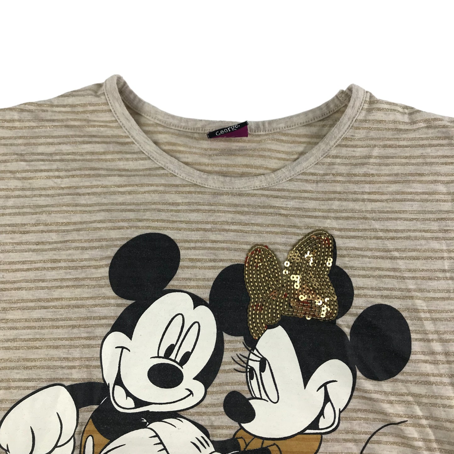 George T-Shirt Age 8 Gold and Beige Short Sleeve Glittery Mickey and Minnie Mouse