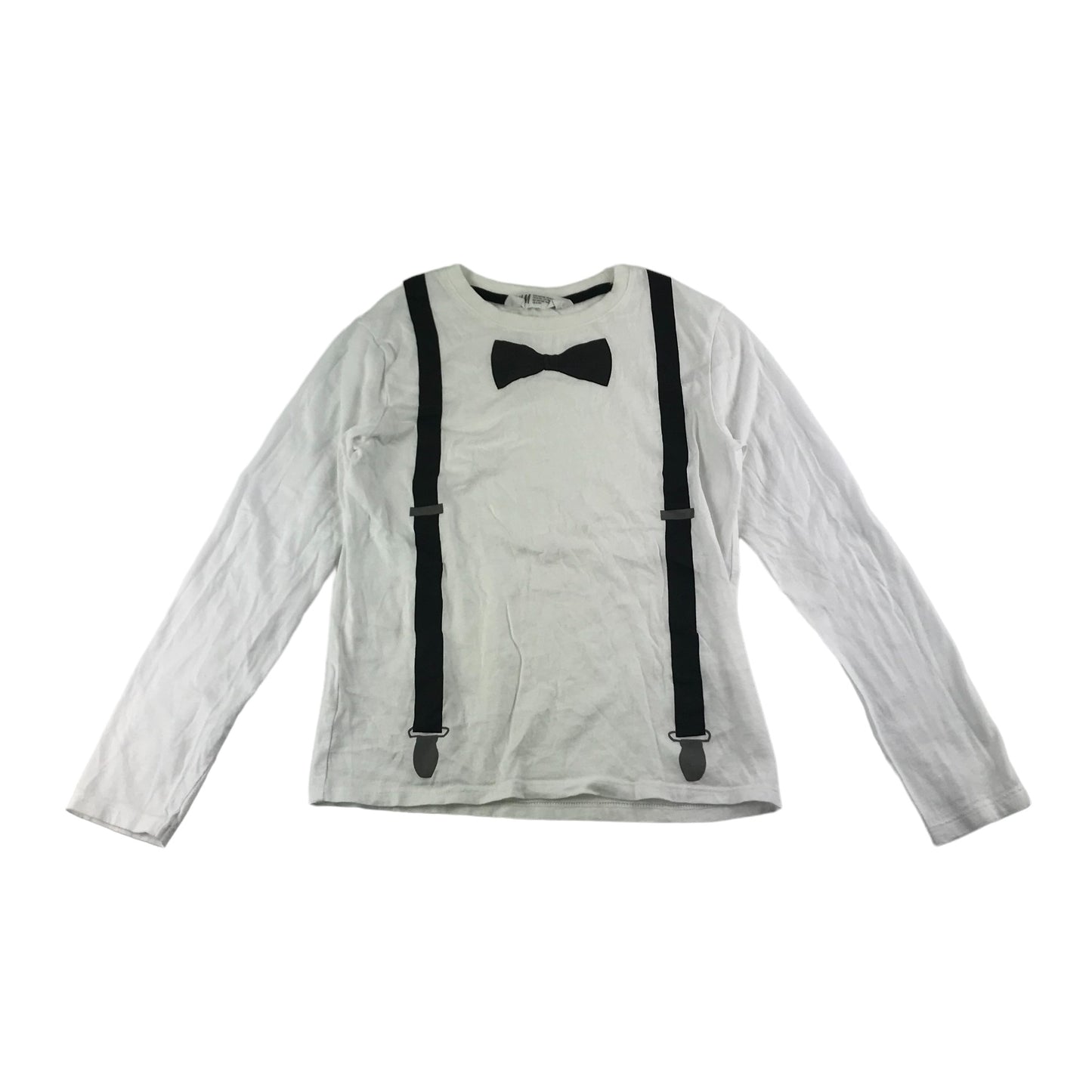 H&M T-Shirt Age 9 White Long Sleeve Bowtie and Braces Graphic