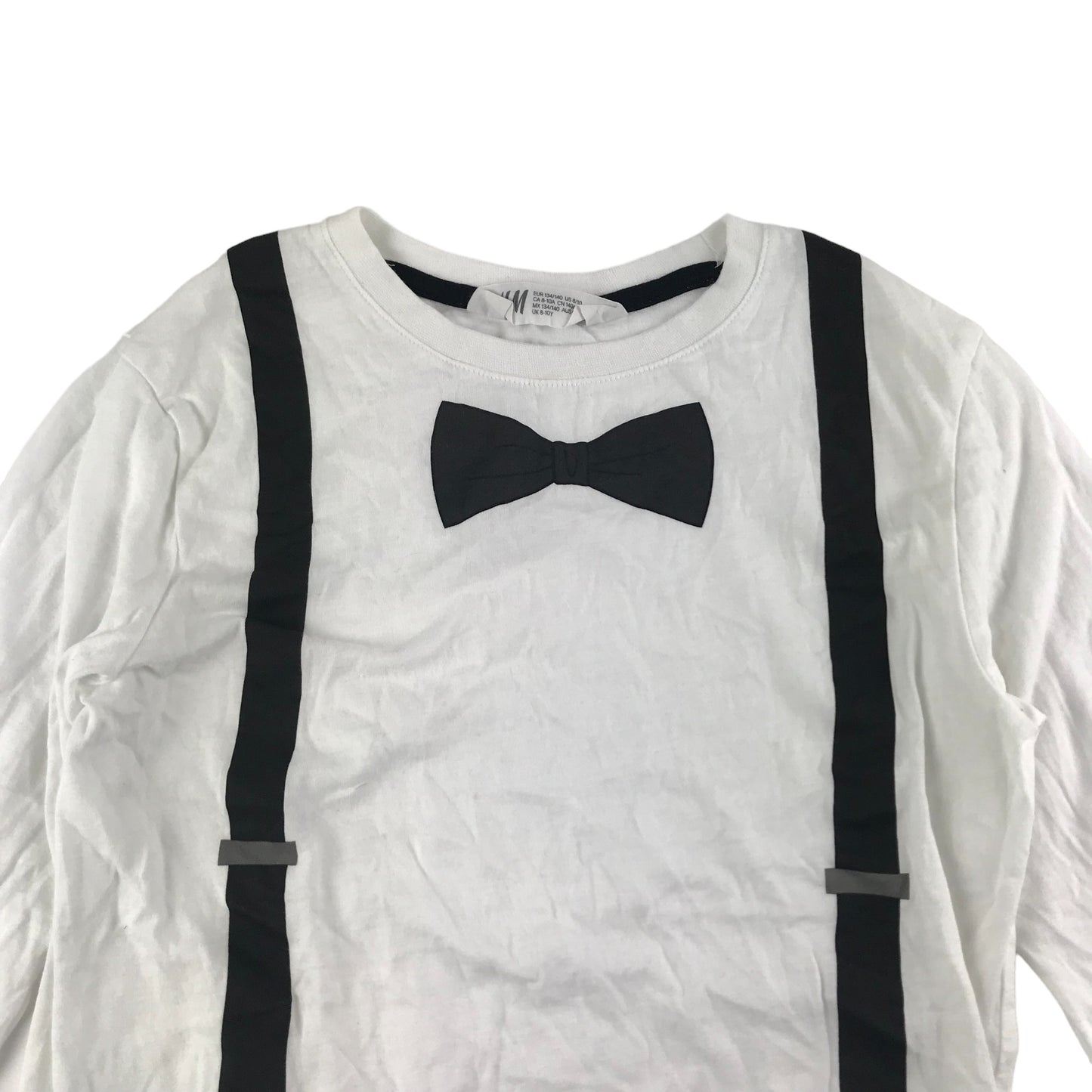 H&M T-Shirt Age 9 White Long Sleeve Bowtie and Braces Graphic