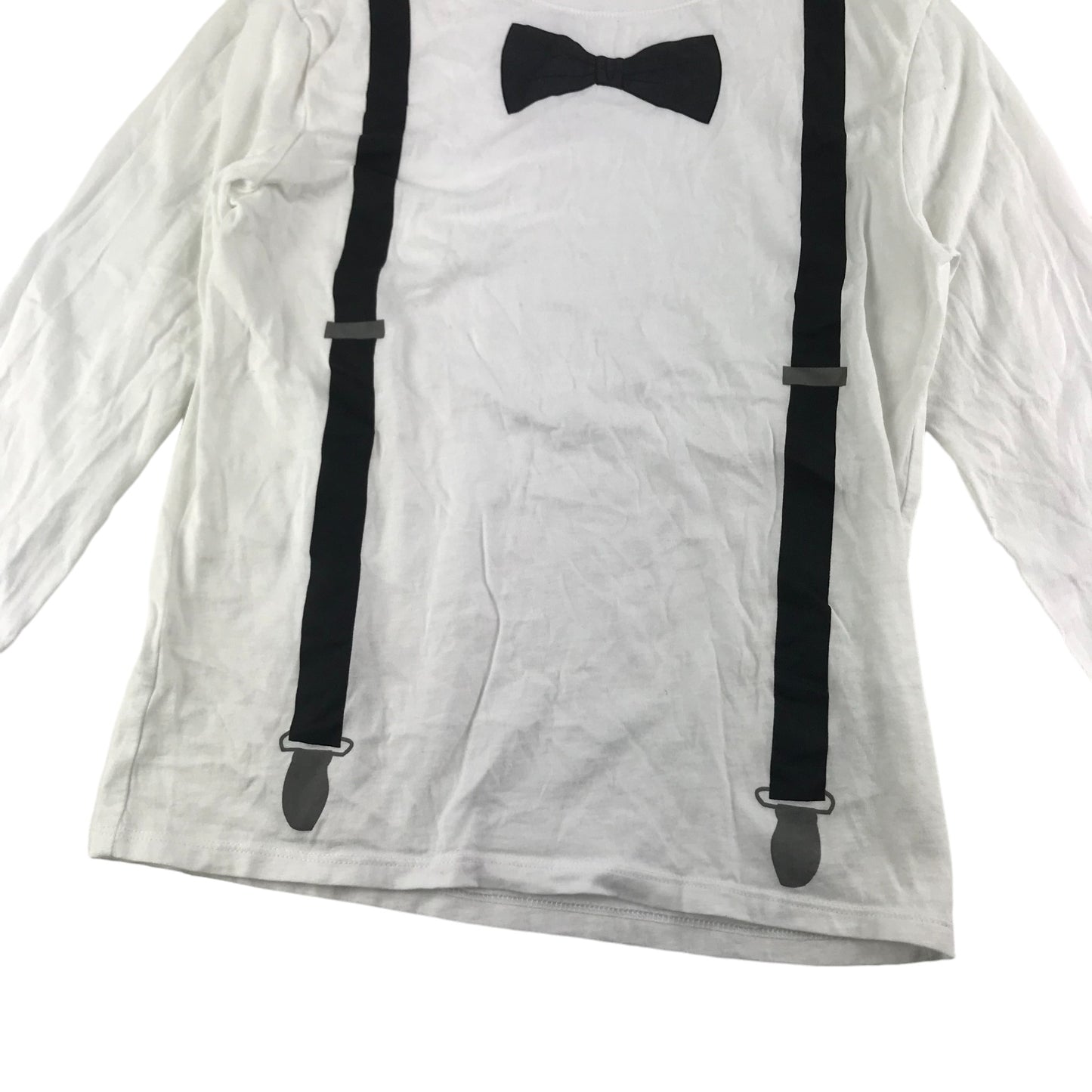 H&M T-Shirt Age 9 White Long Sleeve Bowtie and Braces Graphic