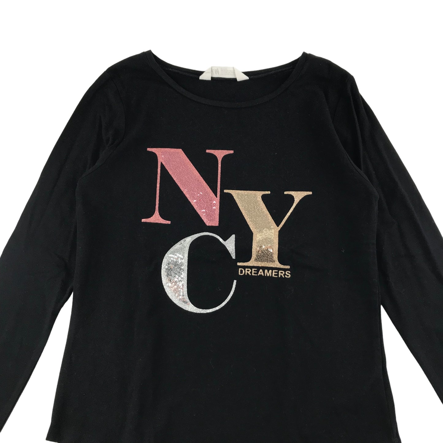 H&M T-Shirt Age 12-13 Black Long Sleeve NYC Text Graphic