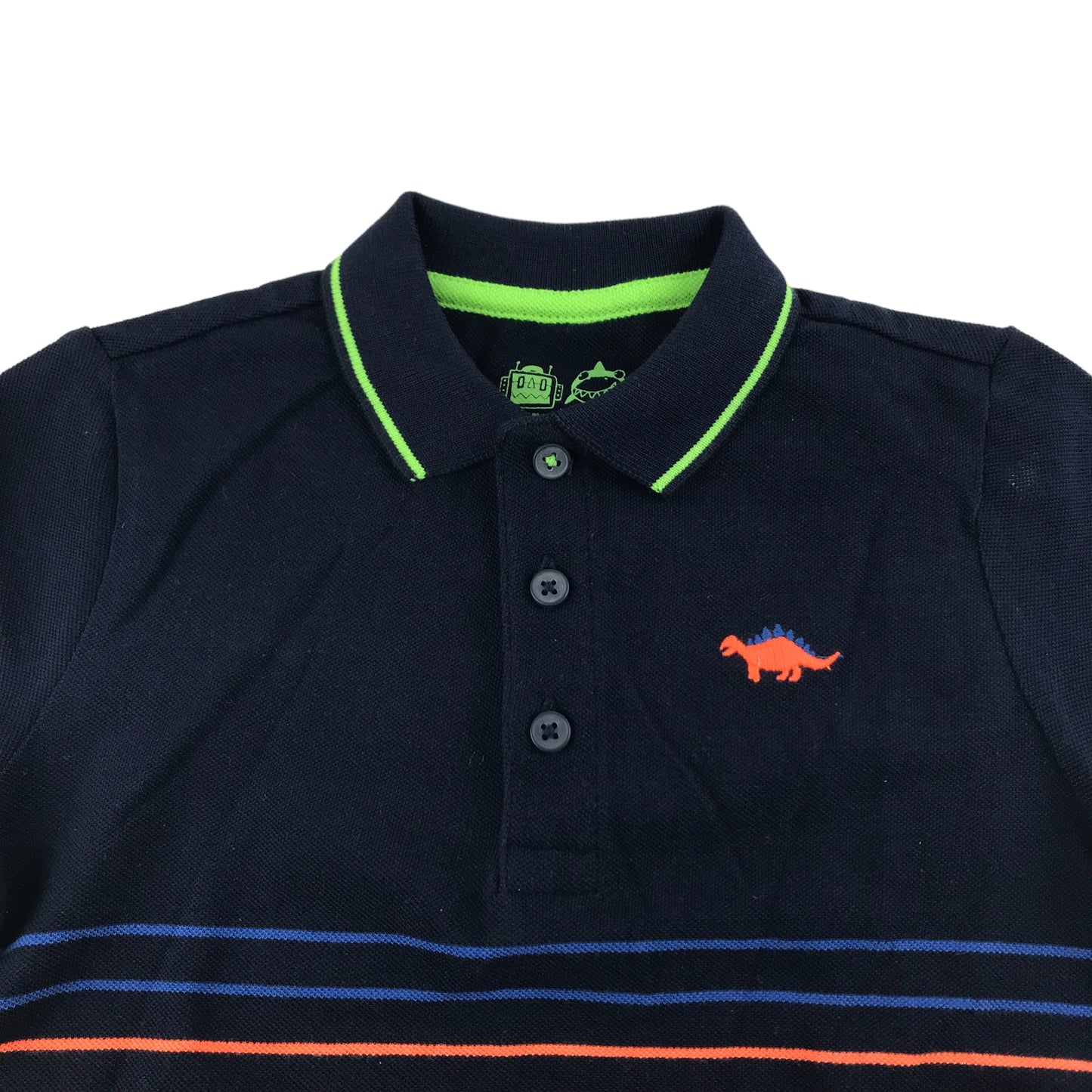 F&F Polo Shirt Age 5 Navy Short Sleeve Neon Stripy Embroidered Dinosaur