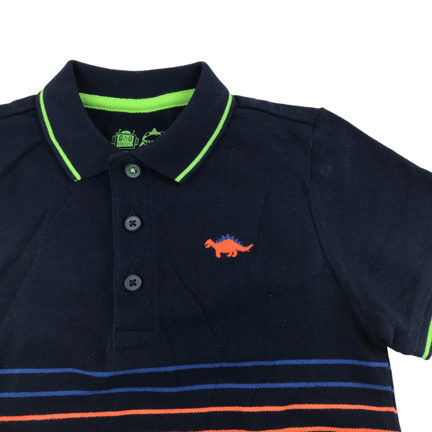 F&F Polo Shirt Age 5 Navy Short Sleeve Neon Stripy Embroidered Dinosaur