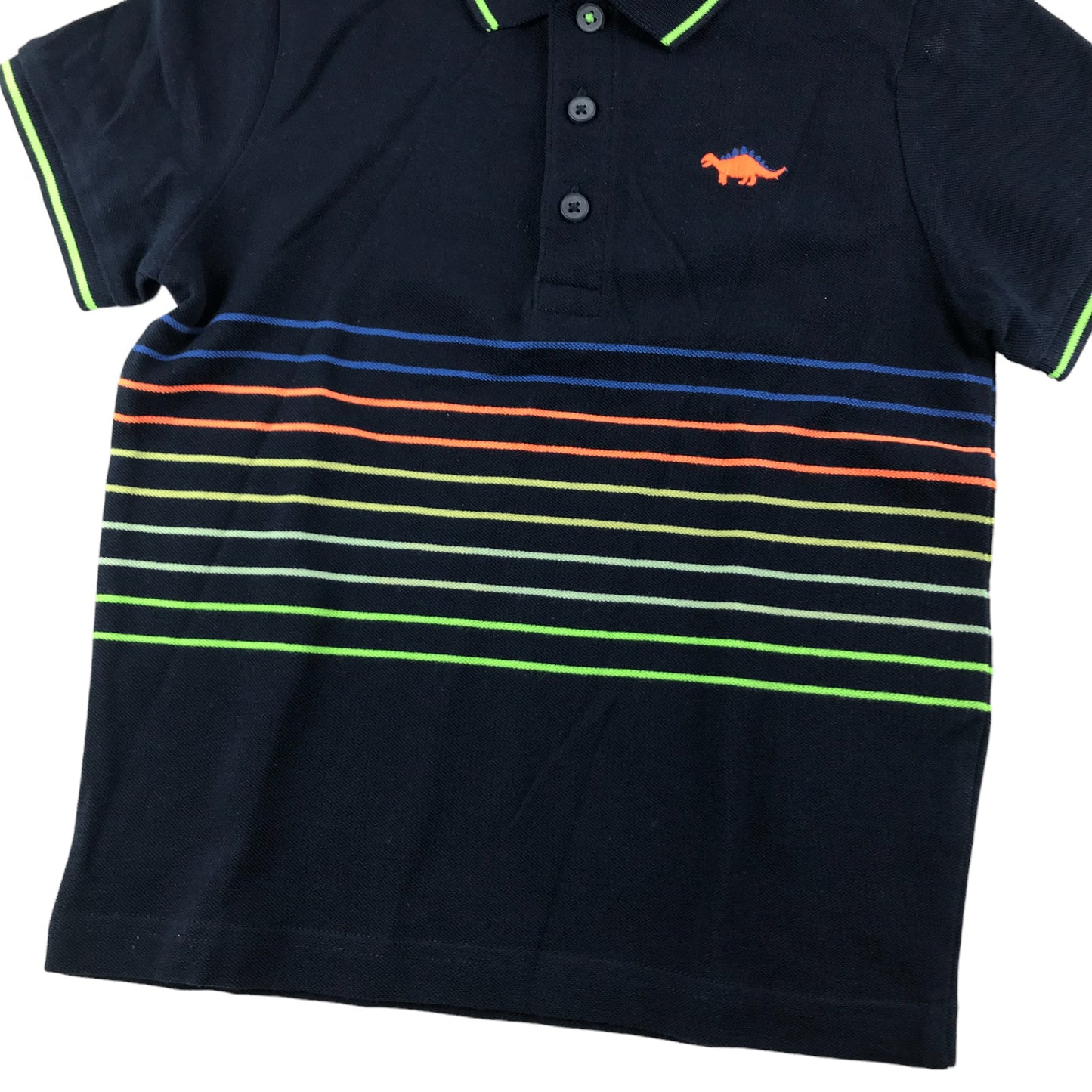 F&F Polo Shirt Age 5 Navy Short Sleeve Neon Stripy Embroidered Dinosaur