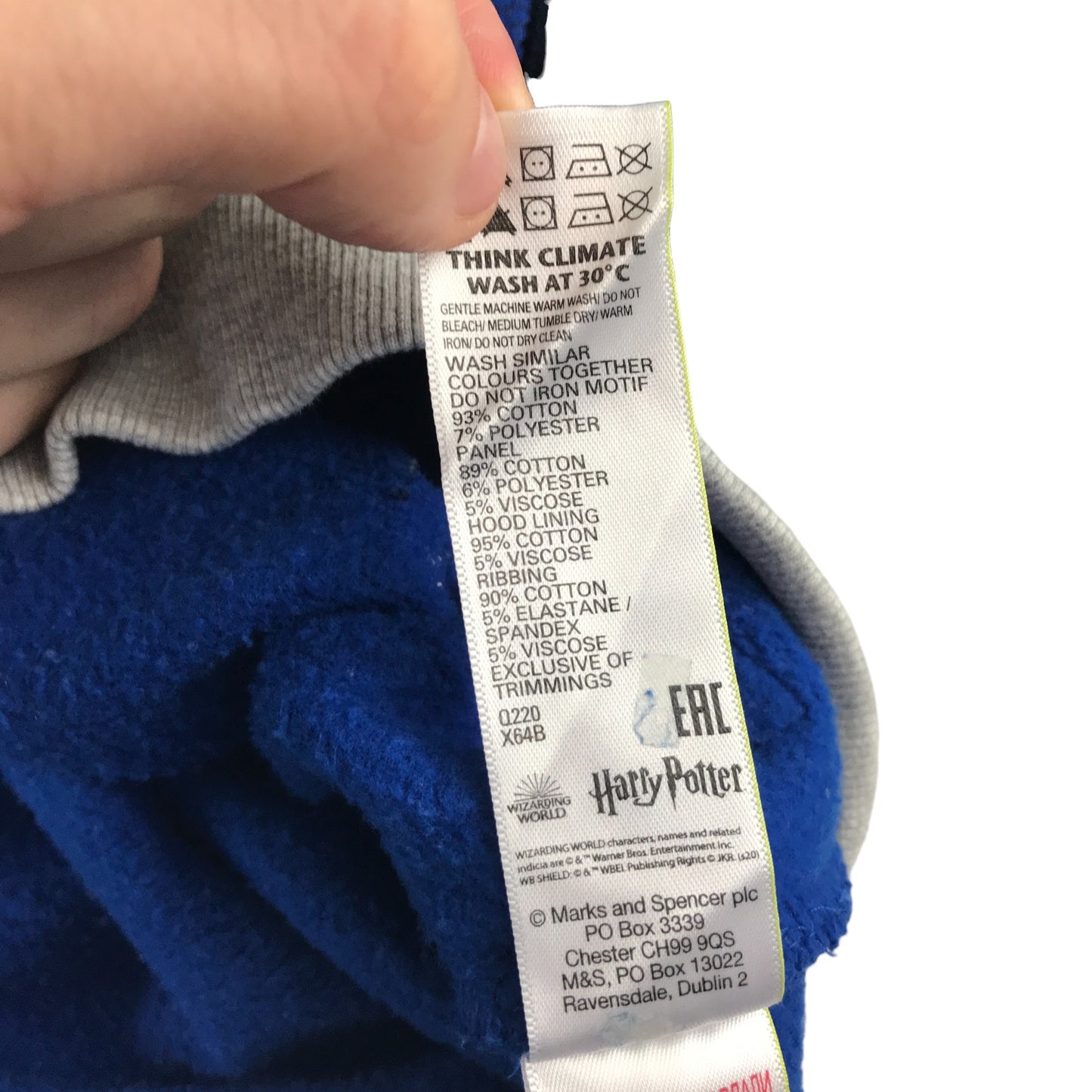 M&S hoodie 7-8 years blue grey colour block Hogwarts