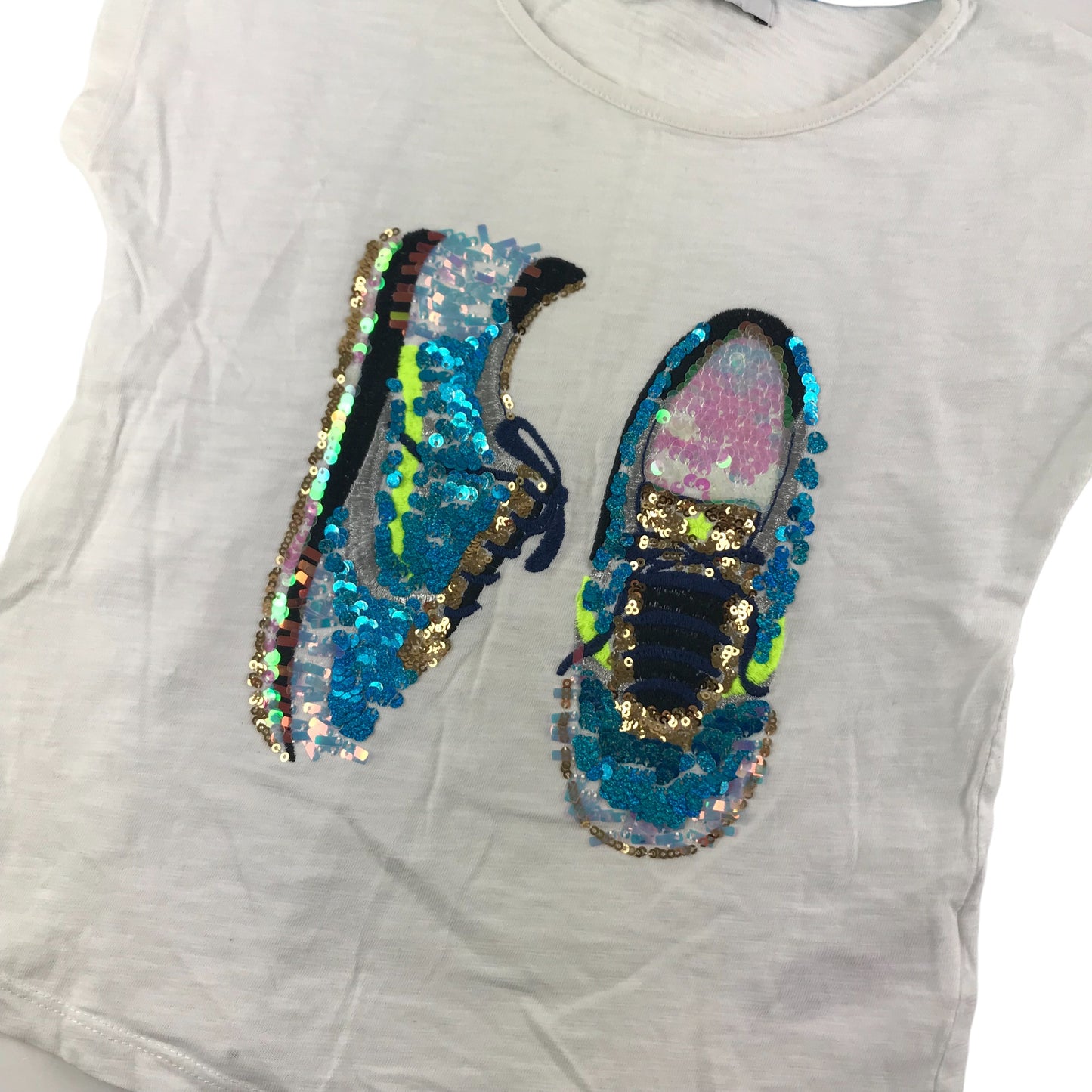 M&S T-Shirt Age 6 White Short Sleeve Sequin Trainers Graphic