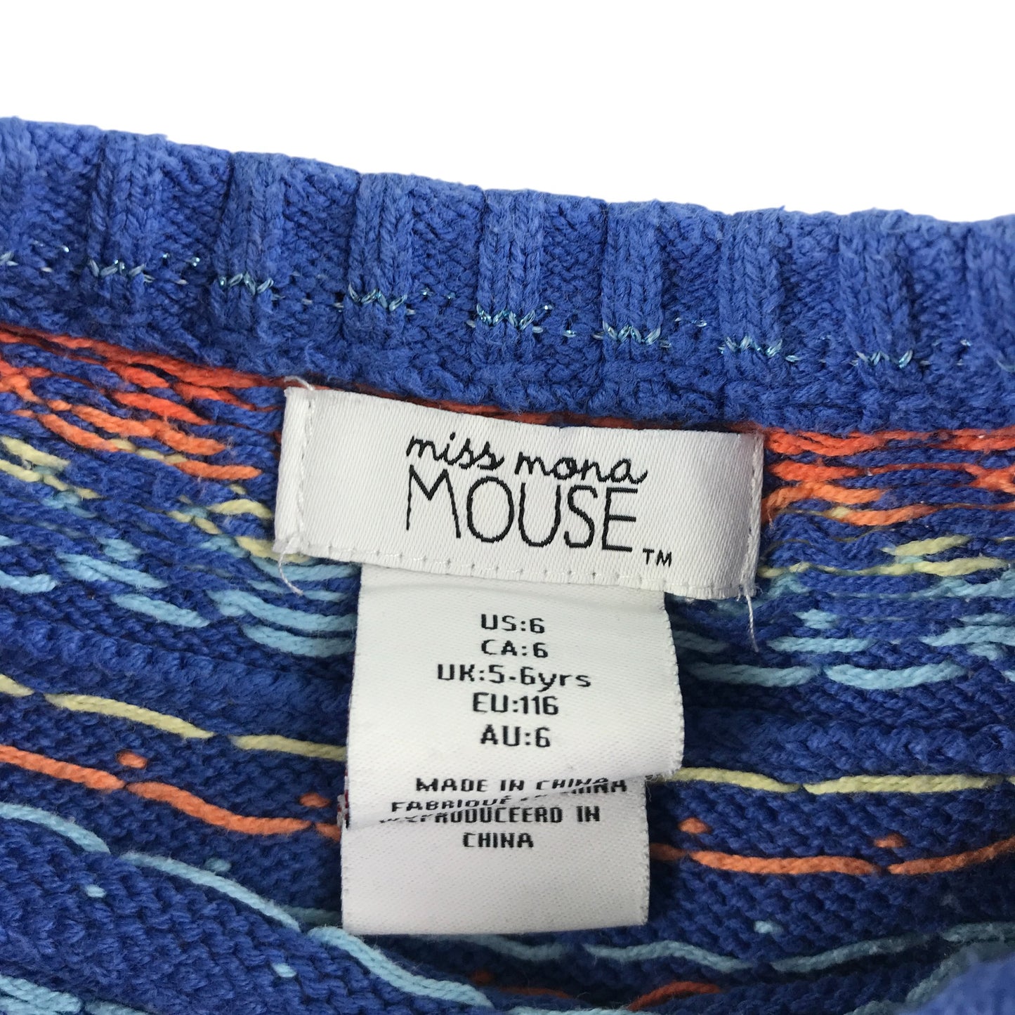 Miss Mona Mouse dress 5-6 years blue love heart print and unicorn pattern knitwear