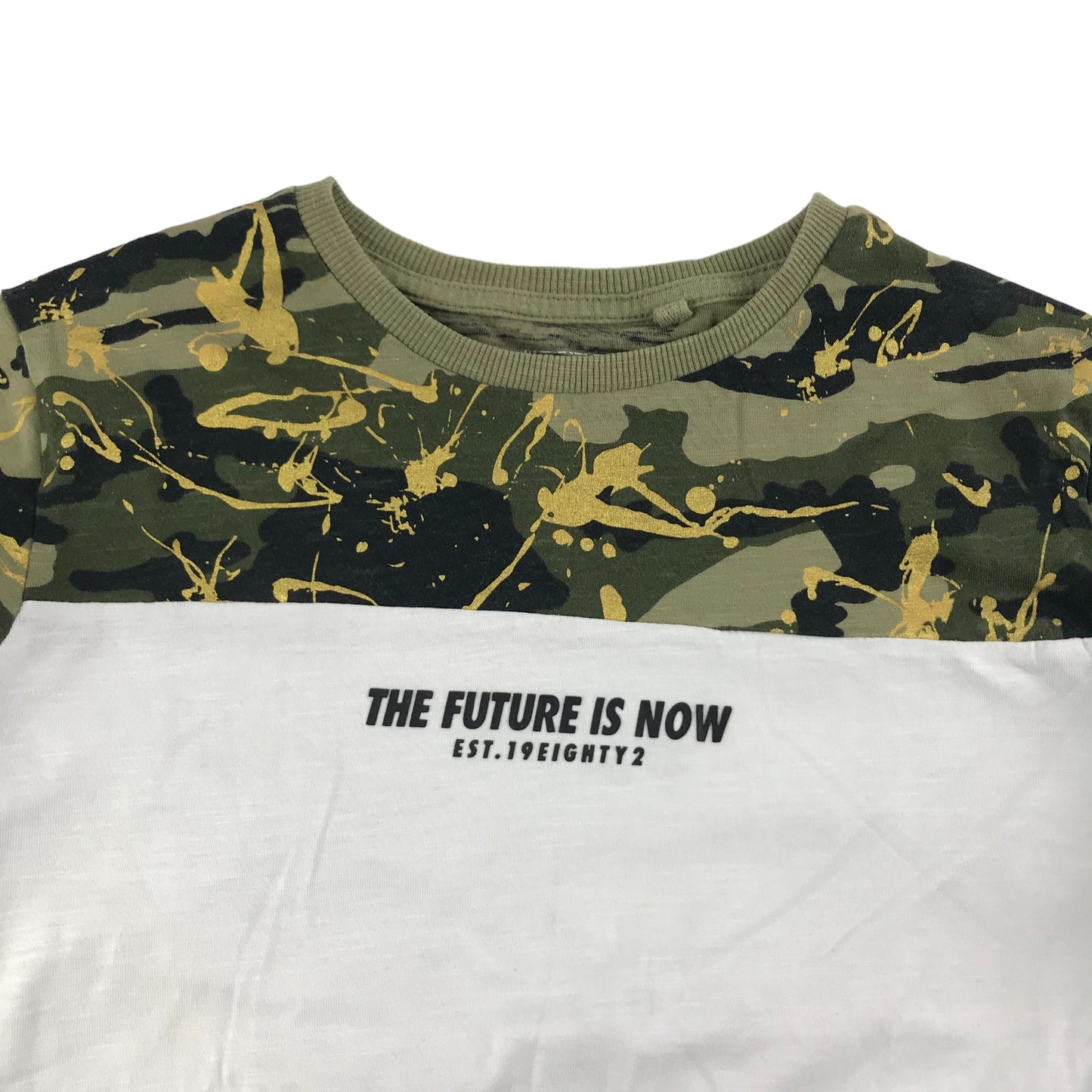 Next T-Shirt Age 8 Khaki Green Long Sleeve Panelled Camo White and Black