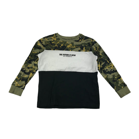 Next T-Shirt Age 8 Khaki Green Long Sleeve Panelled Camo White and Black