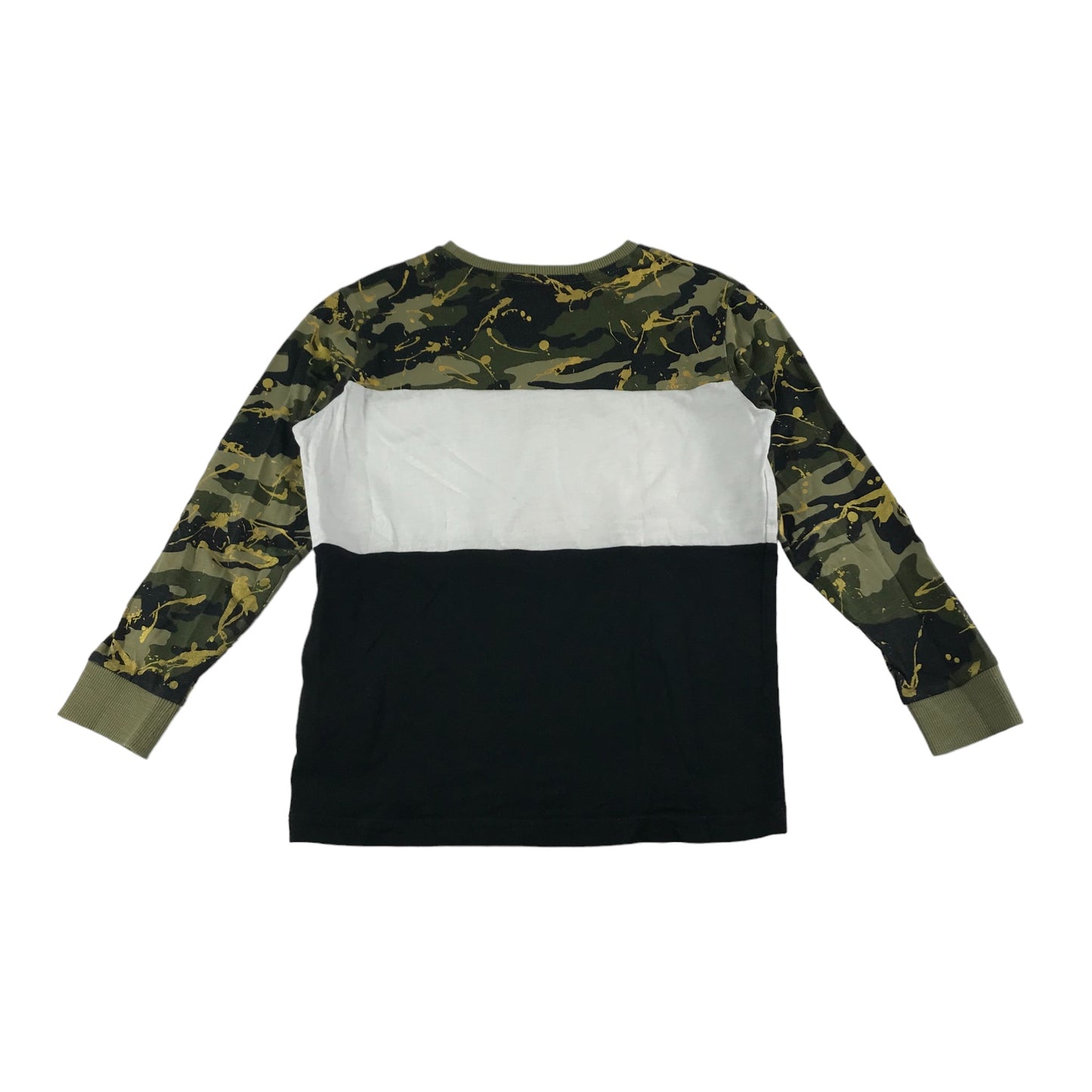 Next T-Shirt Age 8 Khaki Green Long Sleeve Panelled Camo White and Black