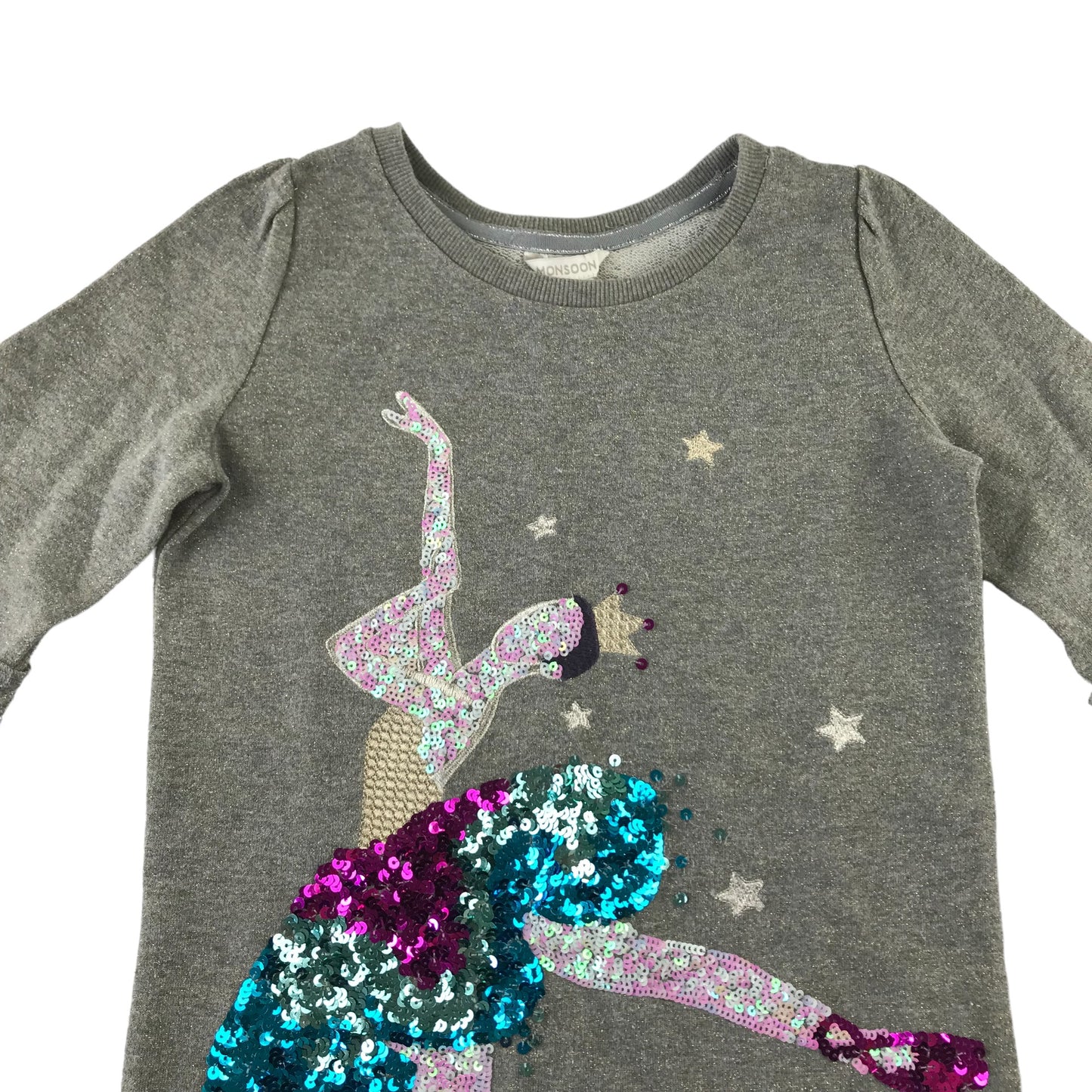 Monsoon dress 7-8 years grey jersey with sequin dancer peplum sleeves