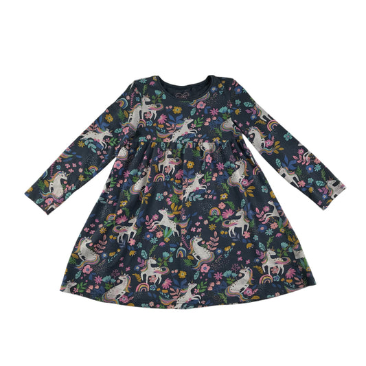 Next dress 5-6 years navy blue floral unicorns long sleeve cotton