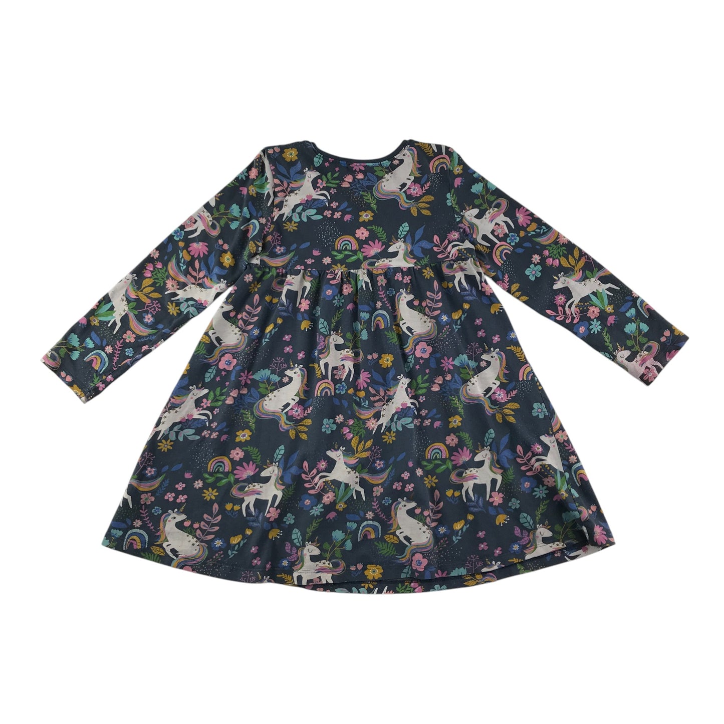 Next dress 5-6 years navy blue floral unicorns long sleeve cotton