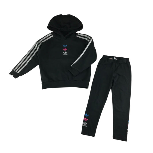 Adidas hoodie and leggings set 5-6 years black three stripes and coloured logos