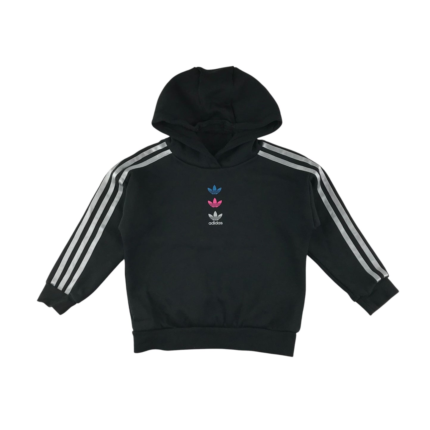 Adidas hoodie and leggings set 5-6 years black three stripes and coloured logos