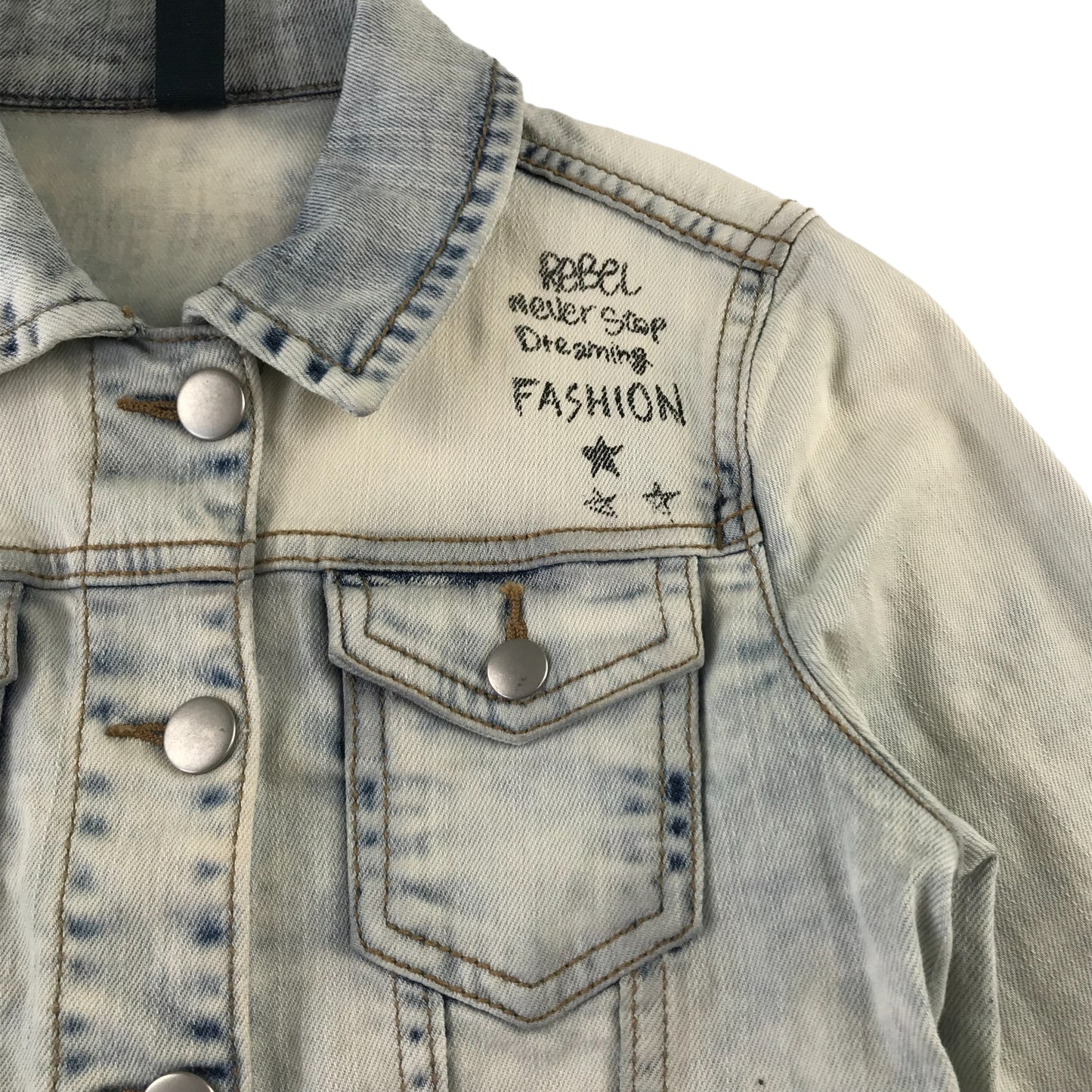 Benetton Denim Jacket 7-8 years light blue text print designs