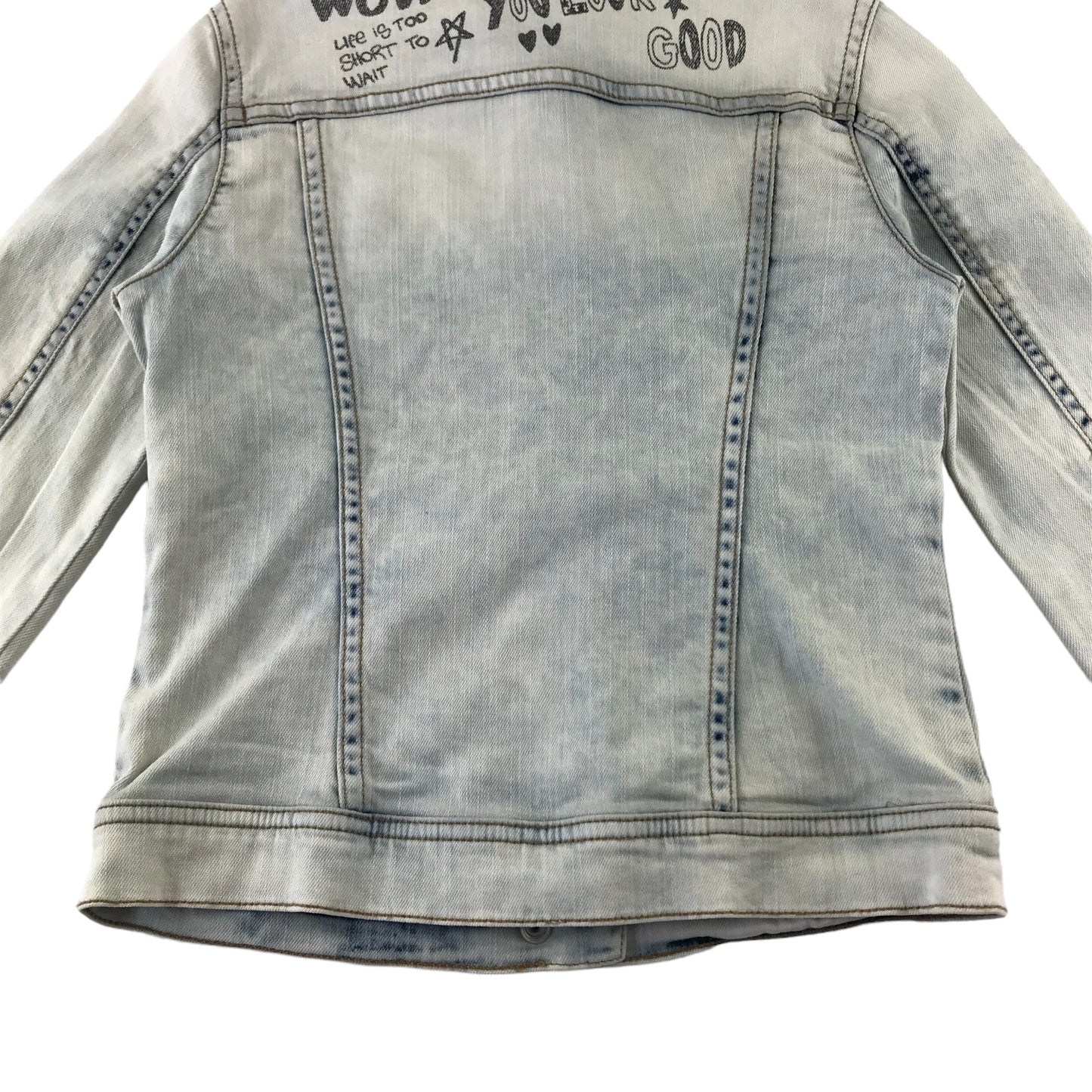 Benetton Denim Jacket 7-8 years light blue text print designs