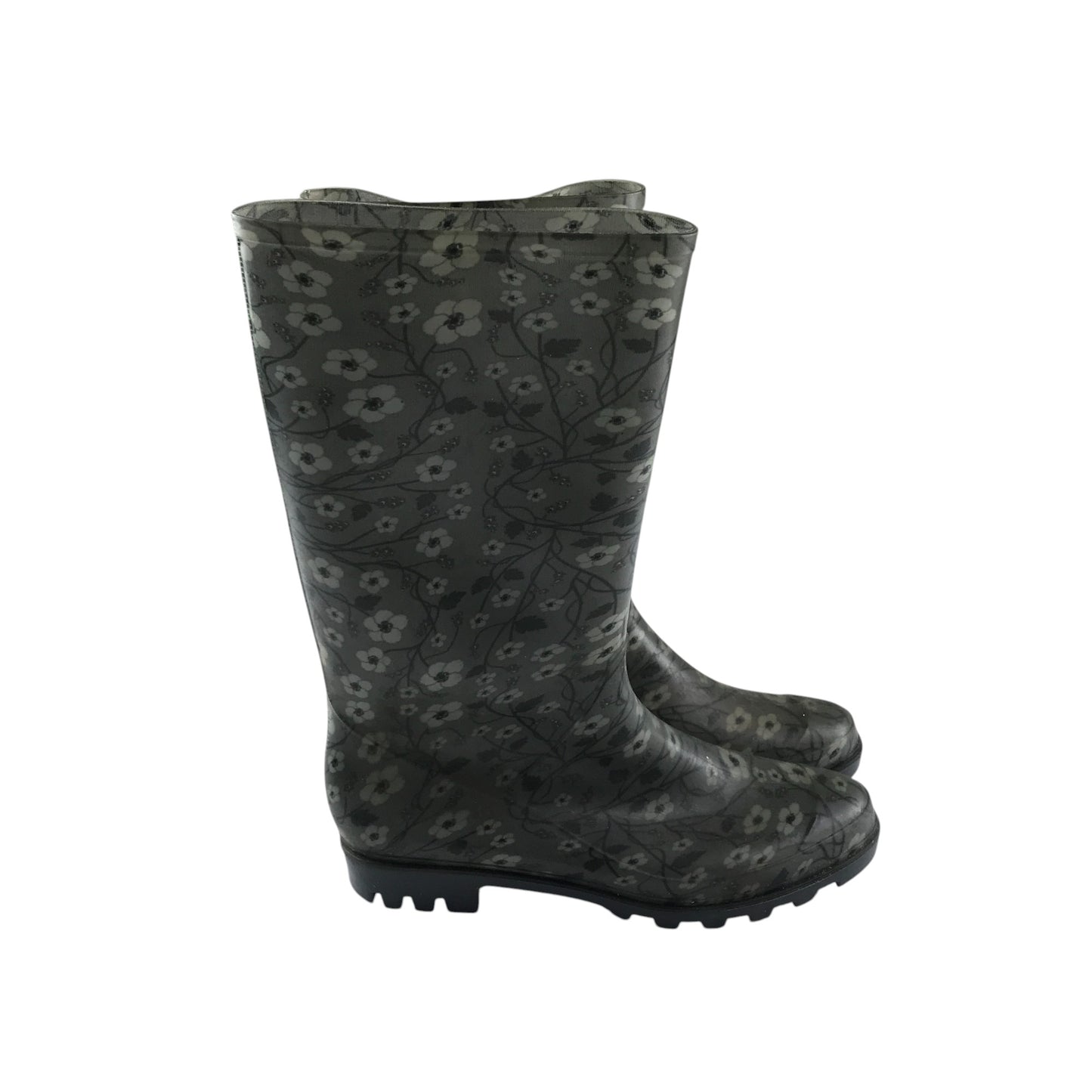Wellie boots shoe size 7 black and grey floral print calf height