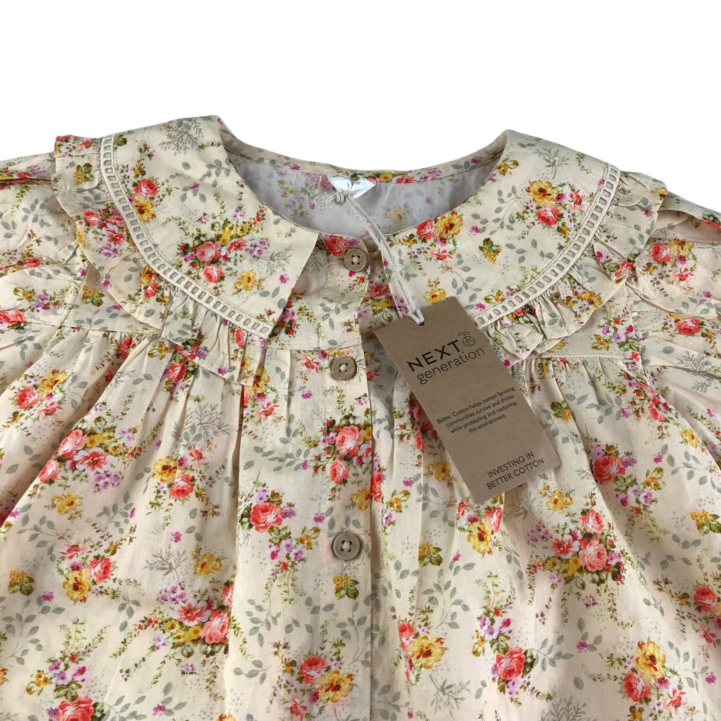 Next dress 5-6 years light beige floral vintage style puff sleeve cotton