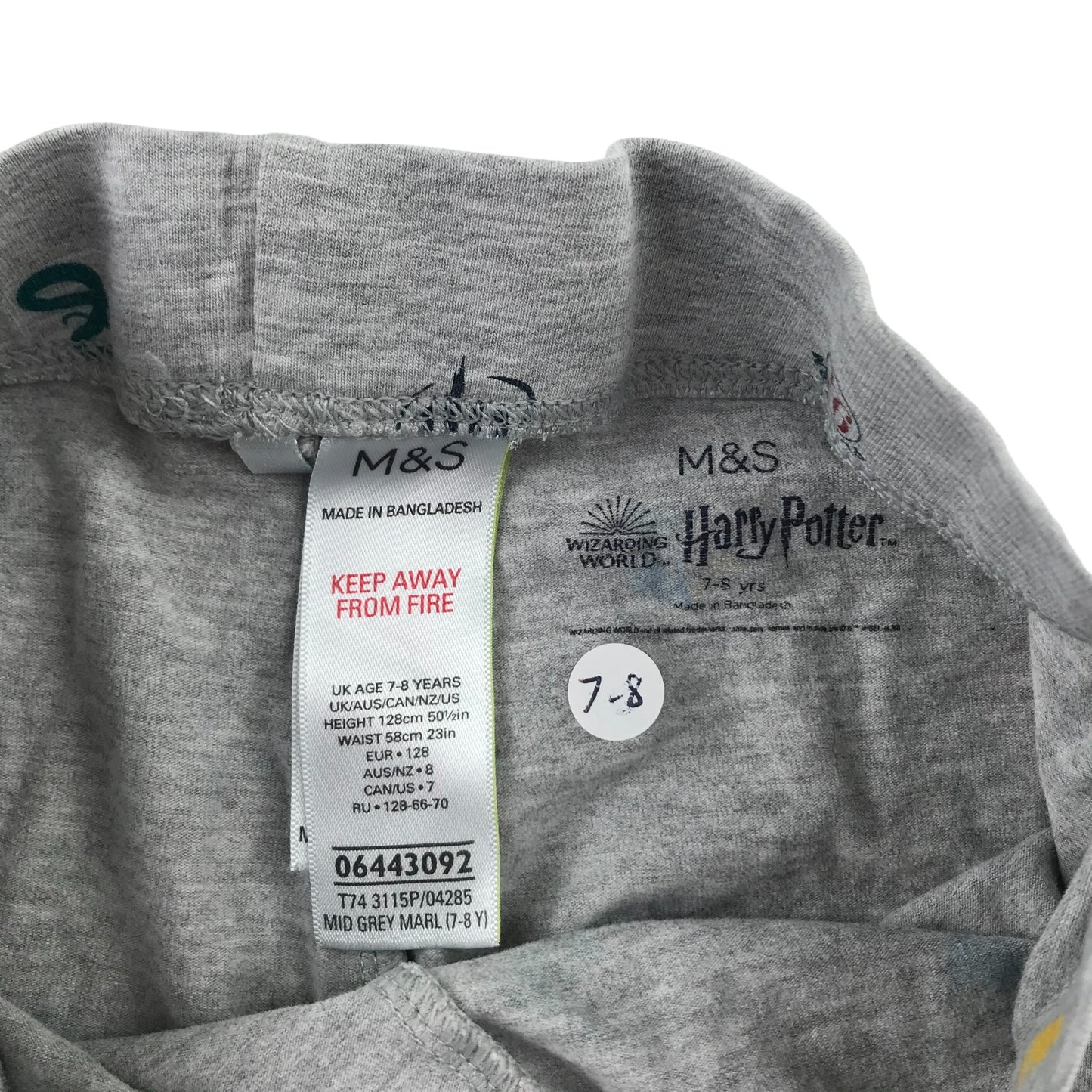 M&S leggings 7-8 years grey Harry Potter Hogwarts houses logos