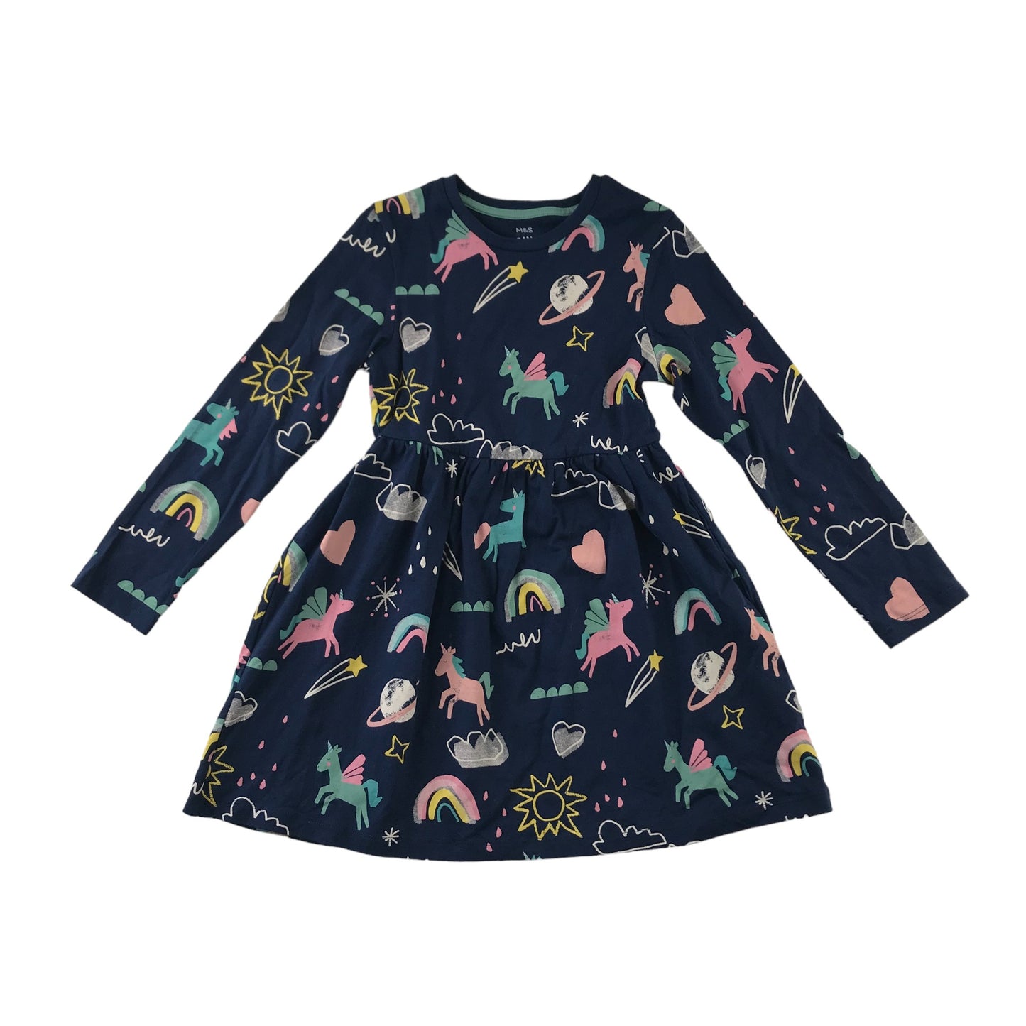 M&S Dress Age 5 Navy Unicorn Long Sleeve T-shirt Dress