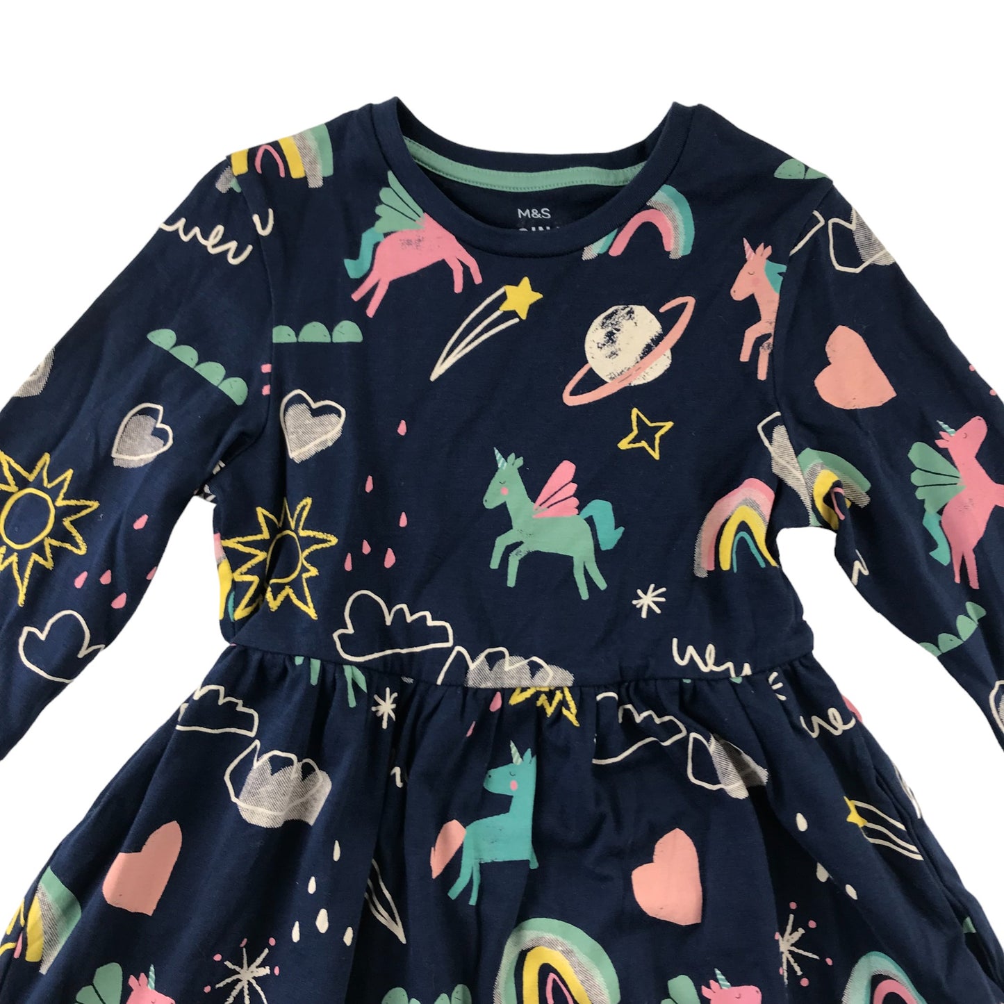 M&S Dress Age 5 Navy Unicorn Long Sleeve T-shirt Dress