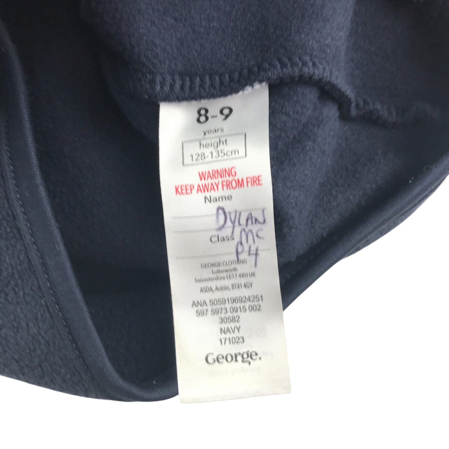 George fleece 8-9 years plain navy full zipper