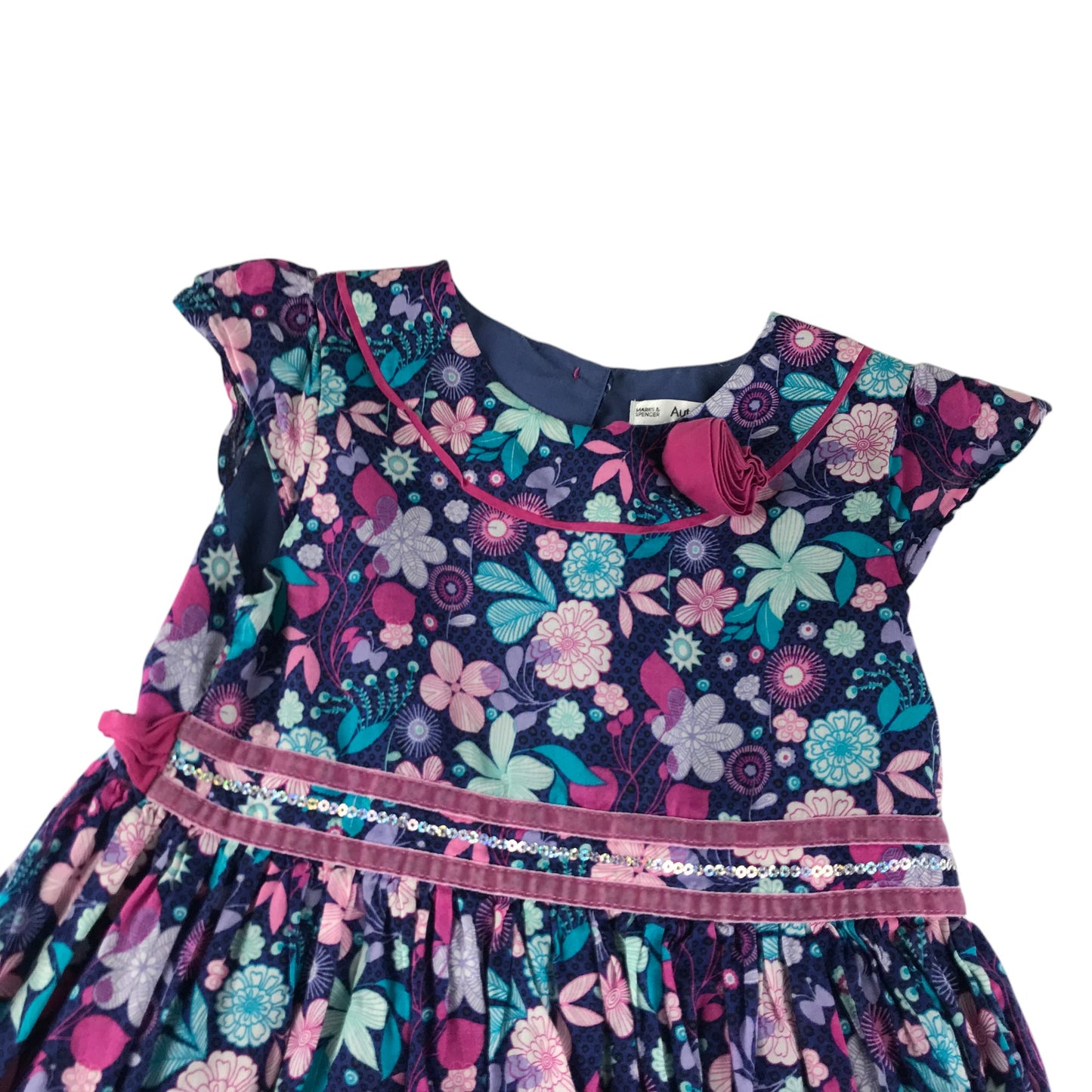 M&S dress 6-7 years blue and pink floral layered cotton