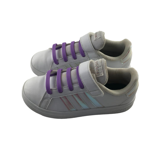 Adidas trainers shoe size 13K junior white with rubber laces and glossy metallic three stripes