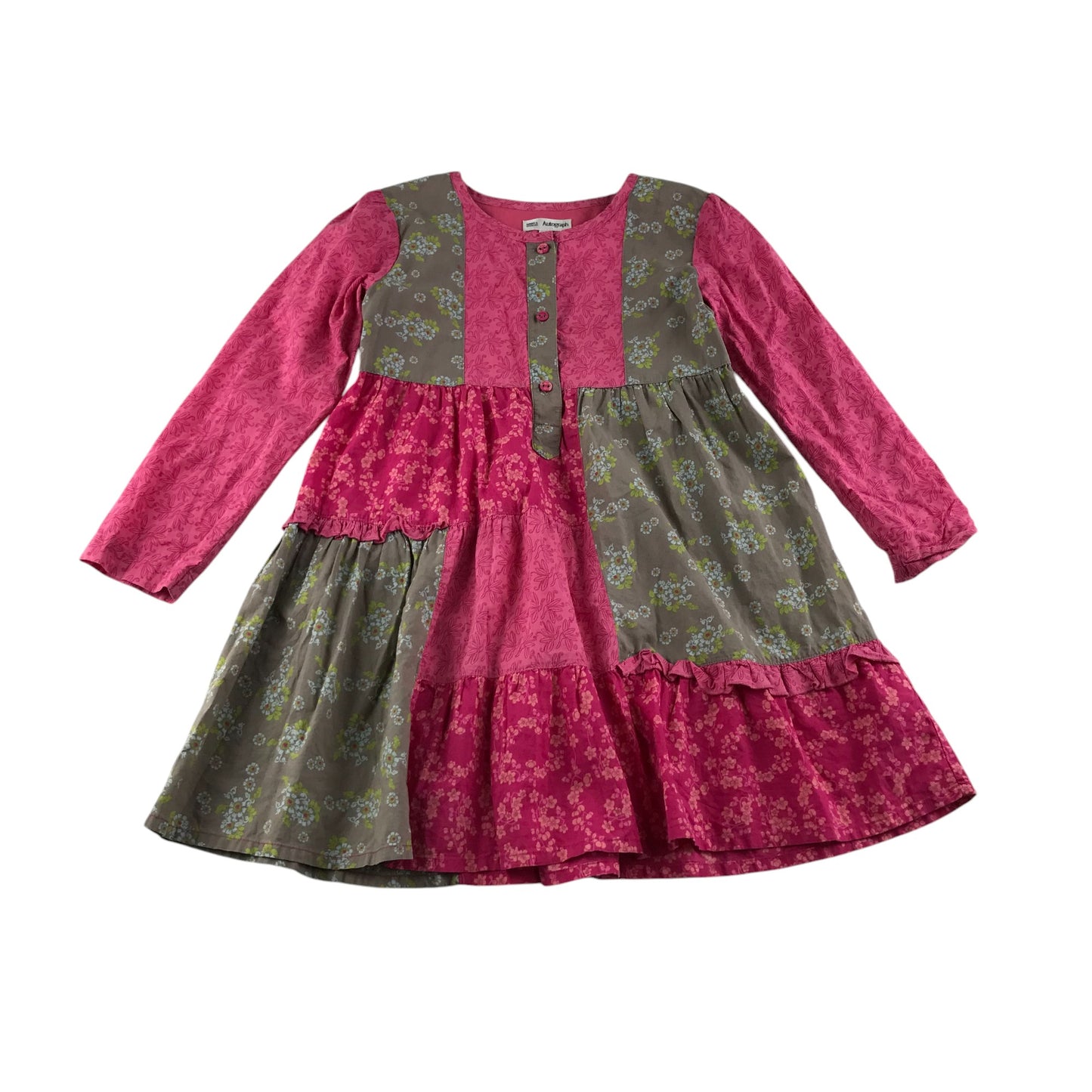 M&S dress 6-7 years pink and brown panelled floral long sleeve cotton