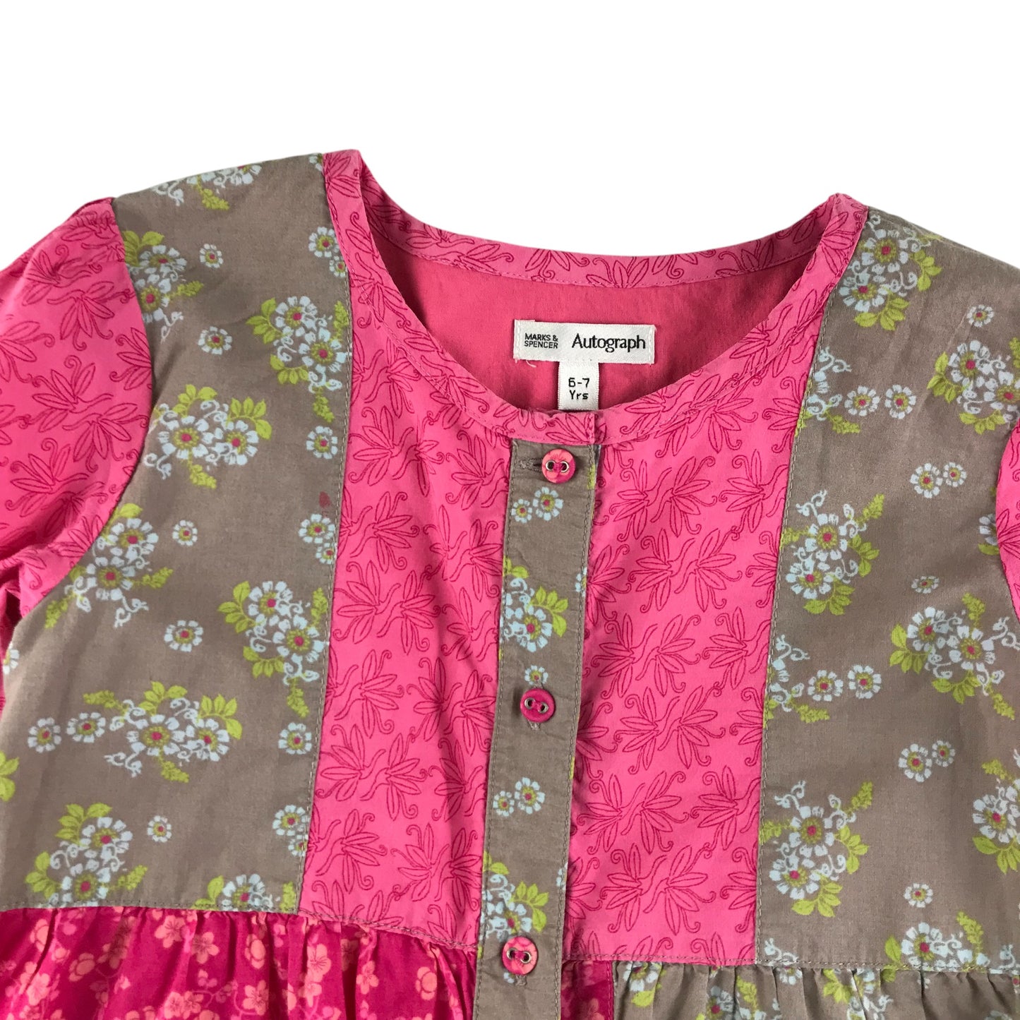 M&S dress 6-7 years pink and brown panelled floral long sleeve cotton