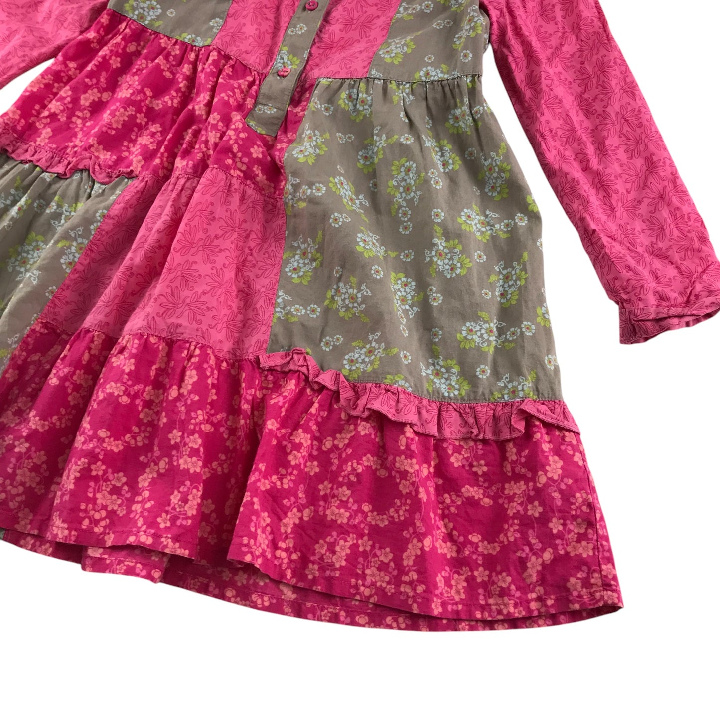 M&S dress 6-7 years pink and brown panelled floral long sleeve cotton