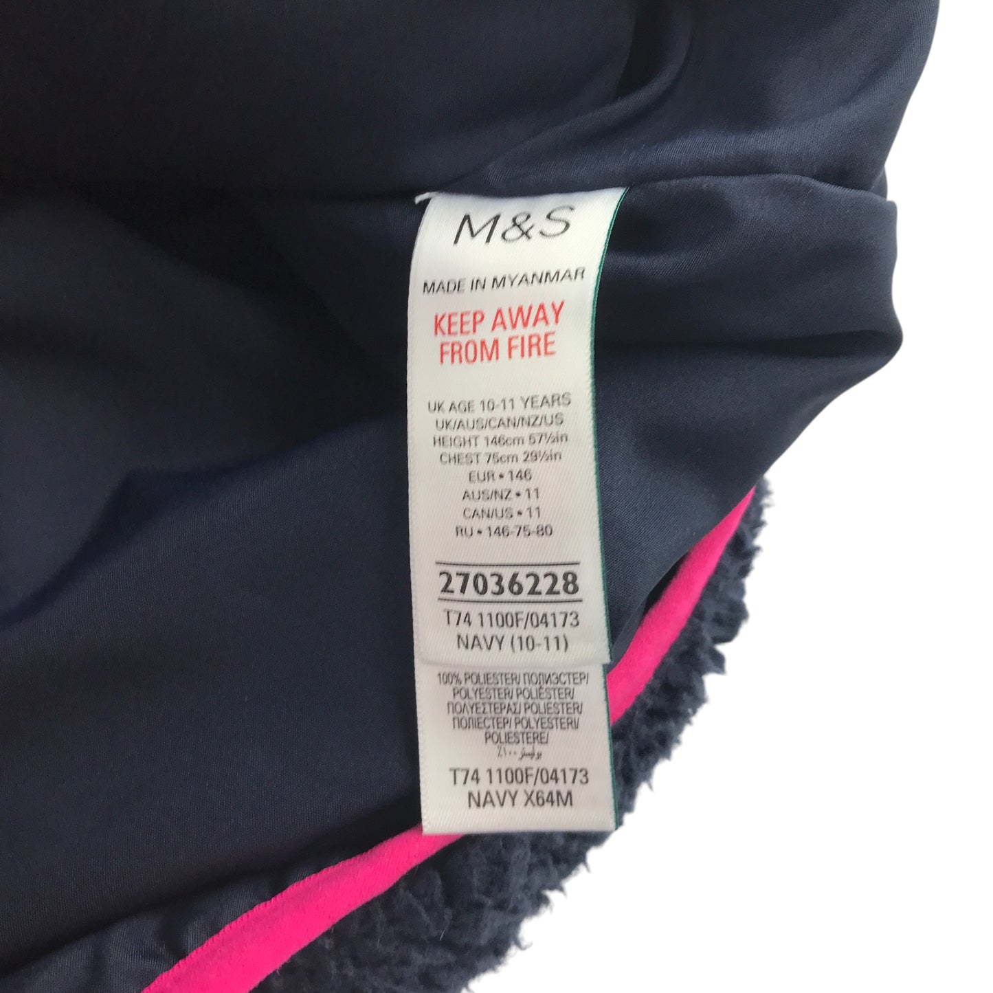 M&S fleece 10-11 years navy fluffy with pink and peach detailing