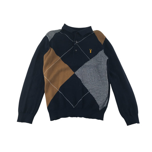 Next jumper 6-7 years navy and brown diamond check pattern knitted polo shirt