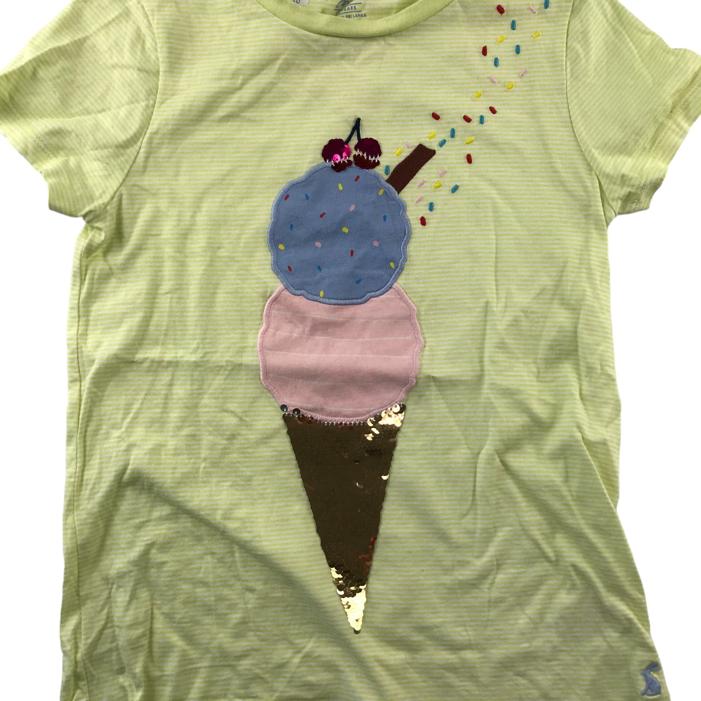 Joules T-Shirt Age 10 Yellow Sequin Ice Cream Design Cotton