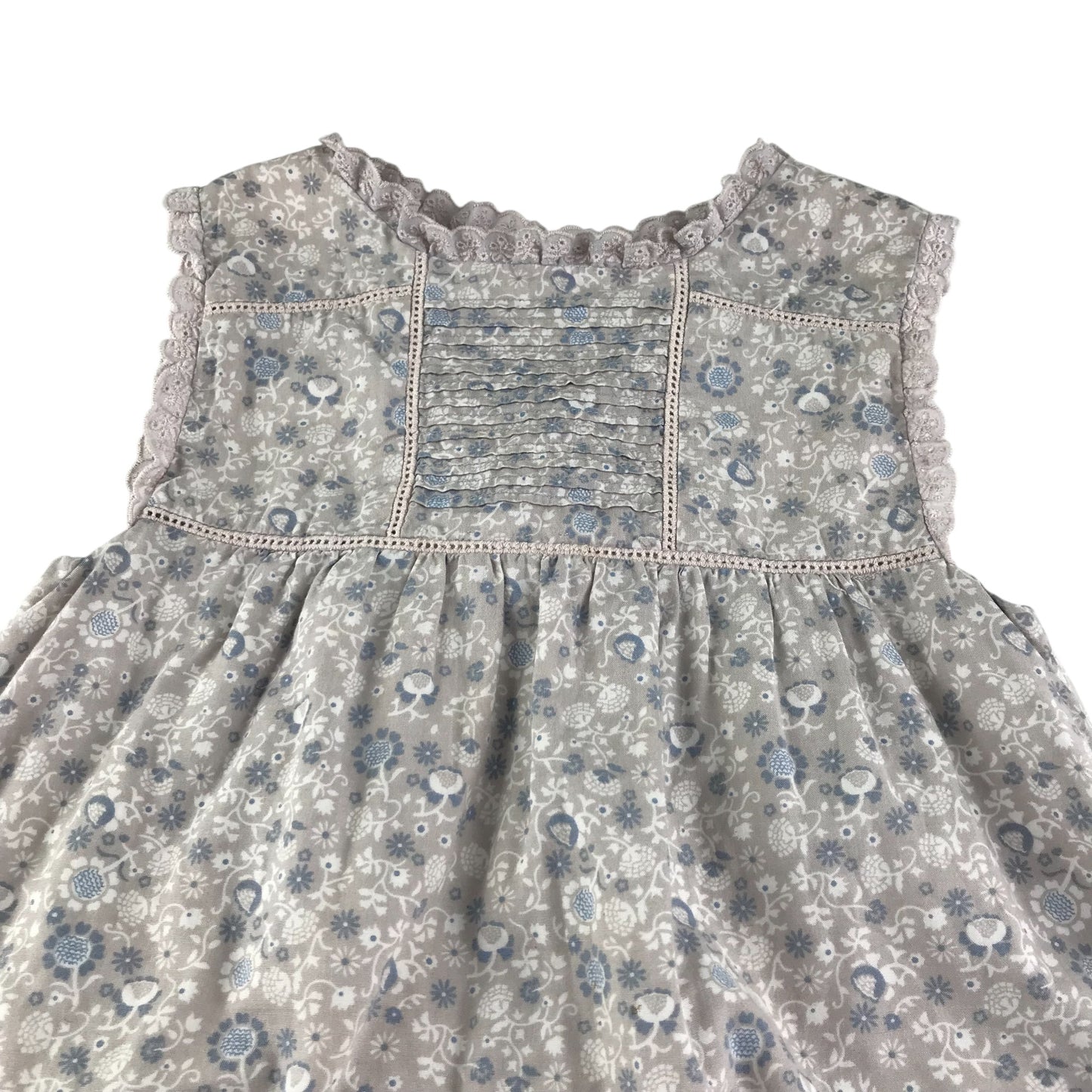 Dombi dress 6-7 years light greyish beige and blue floral sleeveless cotton