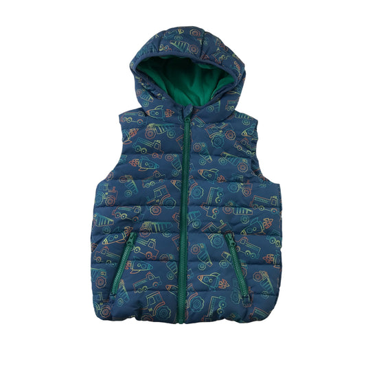 M&Co Gilet Age 5 Blue Tractor Print Puffer with Hood
