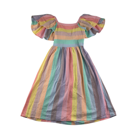 Next dress multicolour pastel shade stripy cotton with short butterfly sleeves