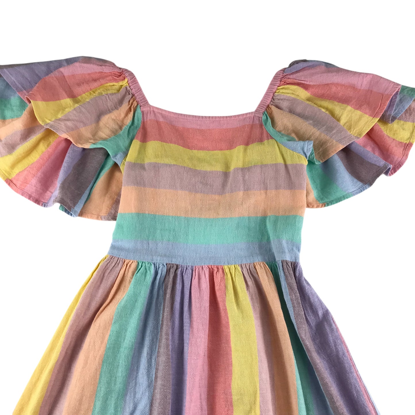 Next dress multicolour pastel shade stripy cotton with short butterfly sleeves