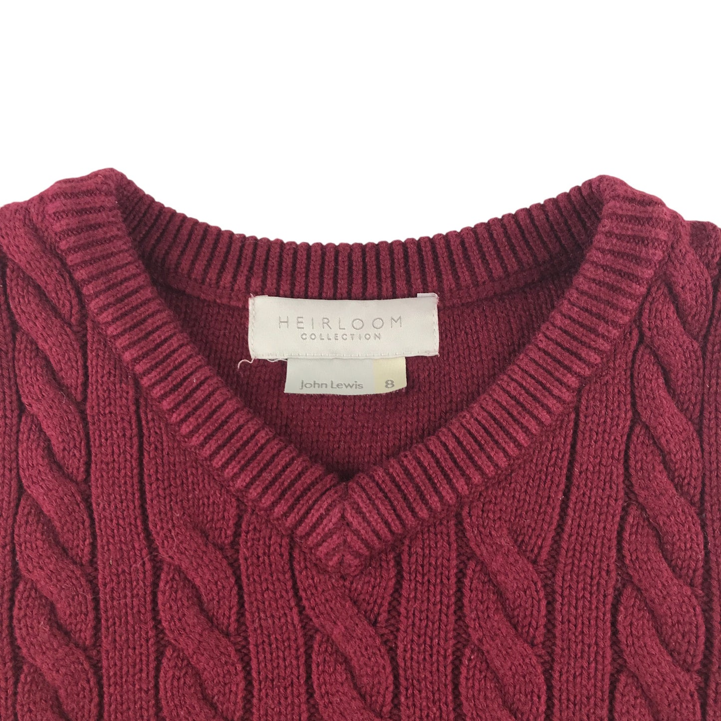 John Lewis jumper 7-8 years burgundy plain cable knit v-neck
