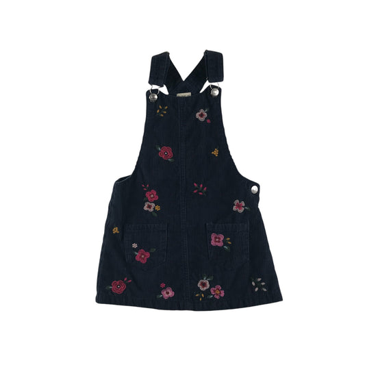 F&F dungaree dress 5-6 years navy corduroy floral embroidered